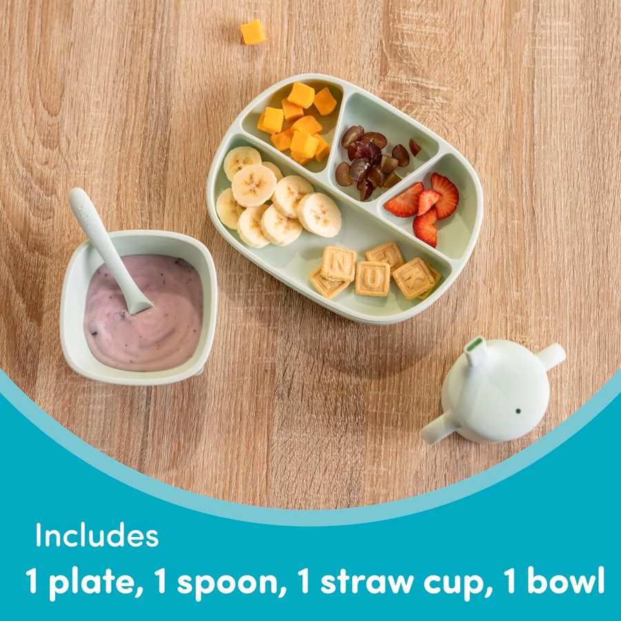 NUK Silikon-Babygeschirr-Set, bestehend aus 1 Teller, 1 Schüssel, 1 Becher und 1 Löffel, mit robustem Saugnapf gegen Verschütten, mikrowellengeeignet, BPA-frei: Baby