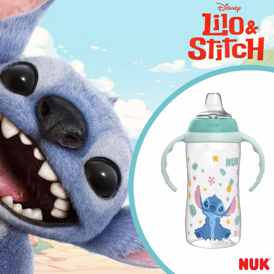 NUK Trinklernbecher, 284 ml, 2er-Pack, Disney Stitch – Weicher Trinkaufsatz, griffige Henkel, BPA-frei, auslaufsicherer Übergangsbecher: Baby