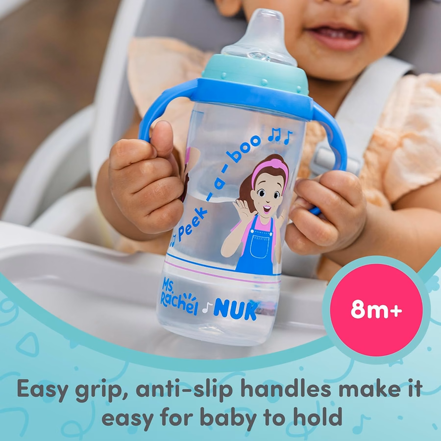 NUK Lernbecher, Ms. Rachel, 295 ml, ab 8 Monaten, 2er-Pack – Weicher Trinkaufsatz, griffige Henkel, BPA-frei, auslaufsicherer Übergangsbecher: Baby