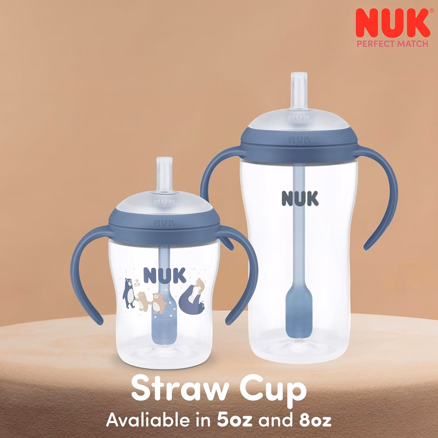 NUK Perfect Match Trinklernbecher mit Strohhalm, 148 ml, 2er-Pack – Weicher Strohhalm, griffige Henkel, BPA-frei, auslaufsicherer Übergangsbecher: Bürobedarf