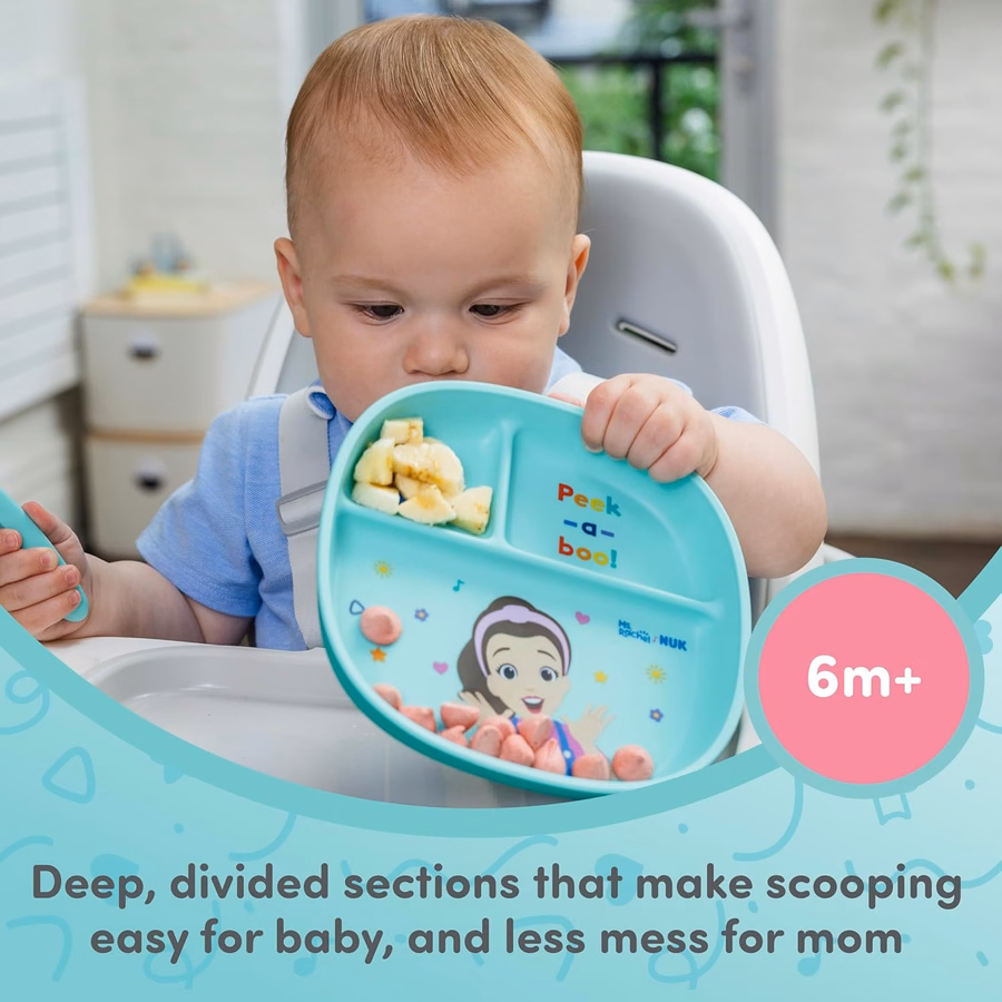 NUK Ms Rachel Geschirrset, Kleinkindteller und -schüssel sowie Kleinkindbesteck – Gabel und Löffel, Kinderessset, BPA-frei, spülmaschinenfest: Baby