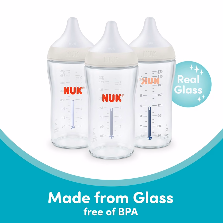 NUK Perfect Match Glasflasche Natural + Anti-Colic, 237 ml (8 oz), Glas-Babyflaschen mit SafeTemp-Temperaturanzeige, Neugeborenen-Essentials, 3er-Pack: Baby